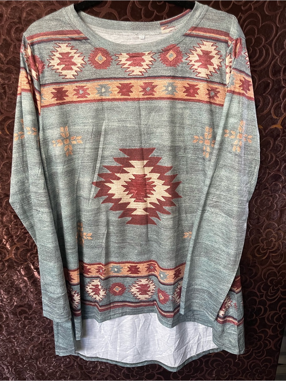 Aztec Pattern Long Sleeve Tunic Top in Sage Green and Rust 2X NEW